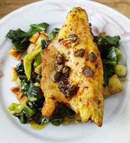 Sea bass with greens and potatoes